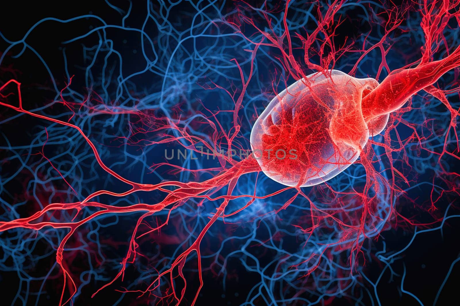 Illustration of neurons, blood vessels, tumor in red and blue colors. High quality illustration