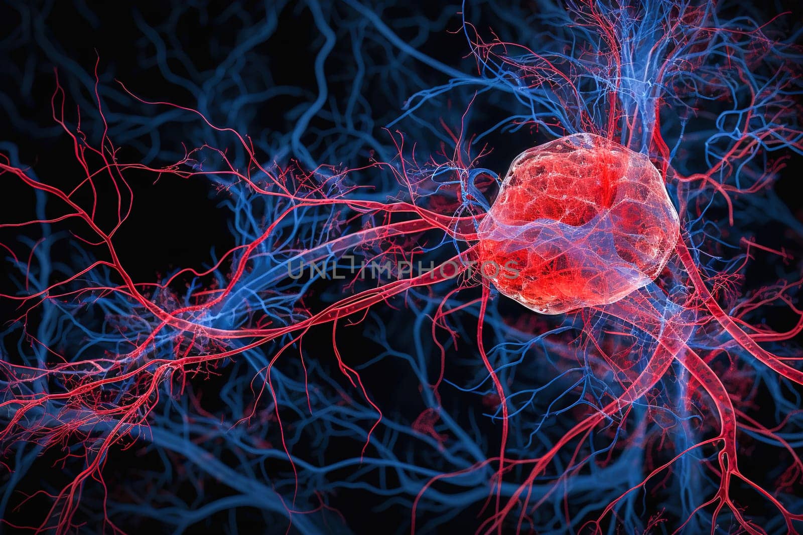 Illustration of neurons, blood vessels, tumor in red and blue colors. High quality illustration