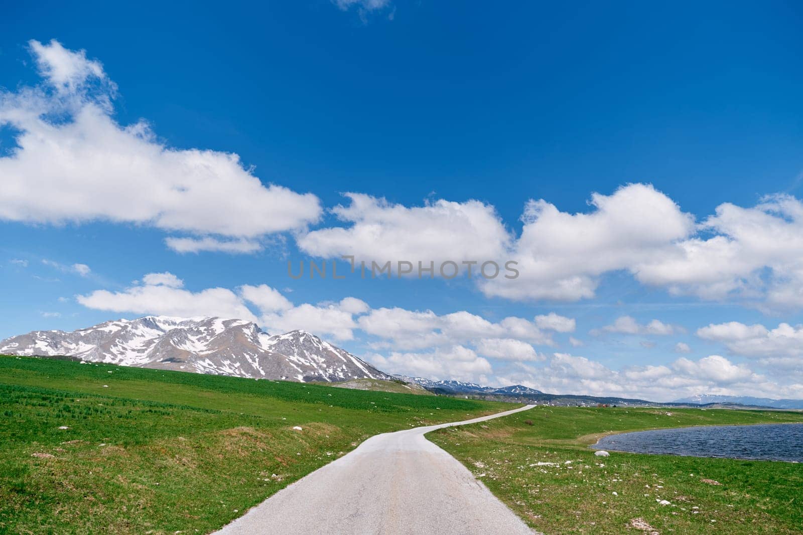 Asphalt road on a green lawn along a lake against a background of snowy mountains. High quality photo