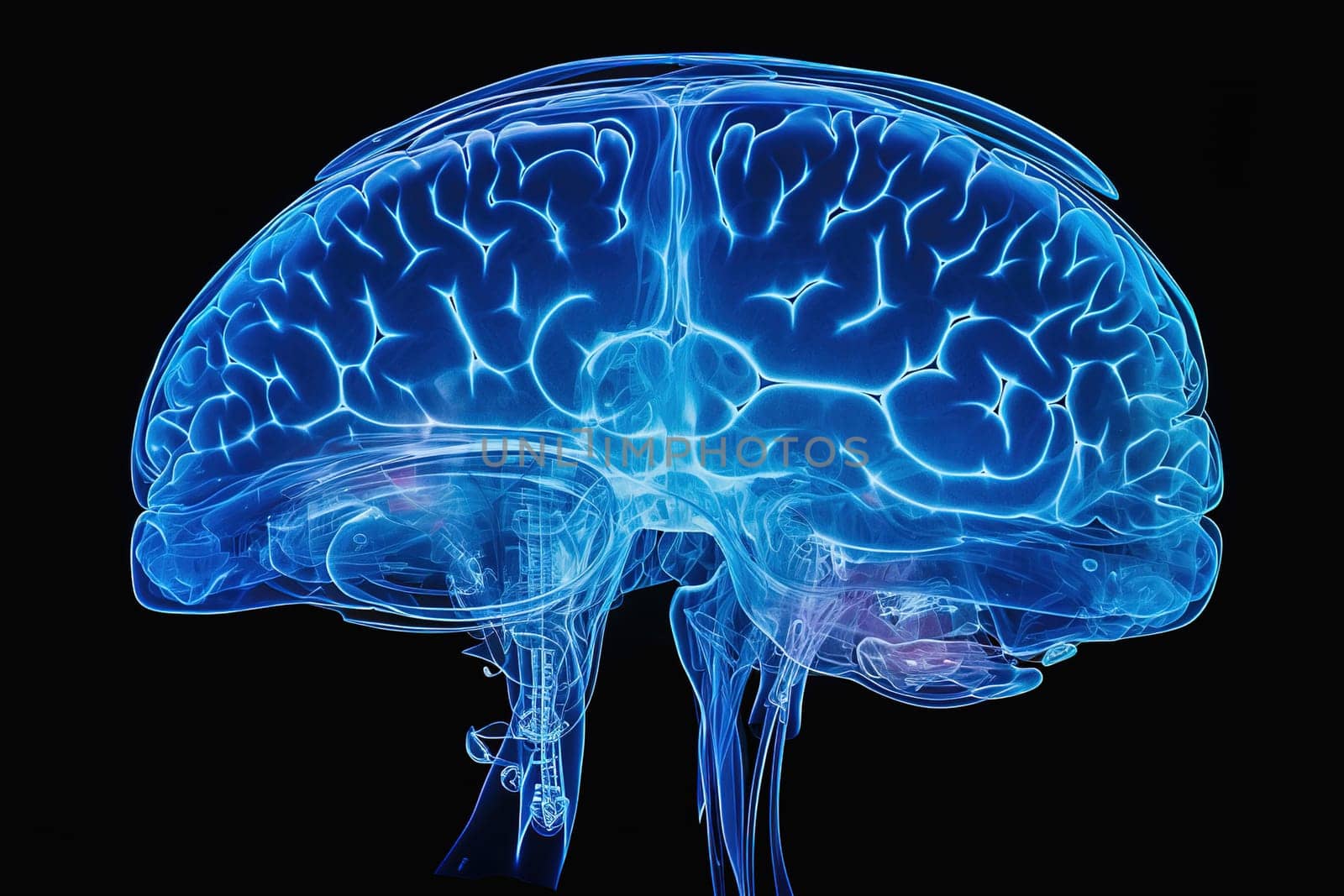 X-ray image of human brain, with foci of lesions. High quality illustration