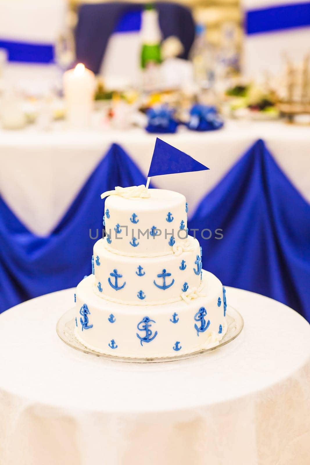 A traditional and decorative wedding cake at wedding reception.