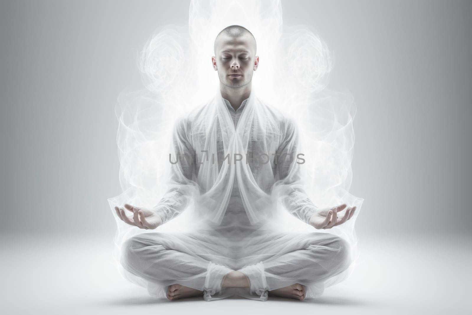 A man in white clothes meditates in an empty, bright room.