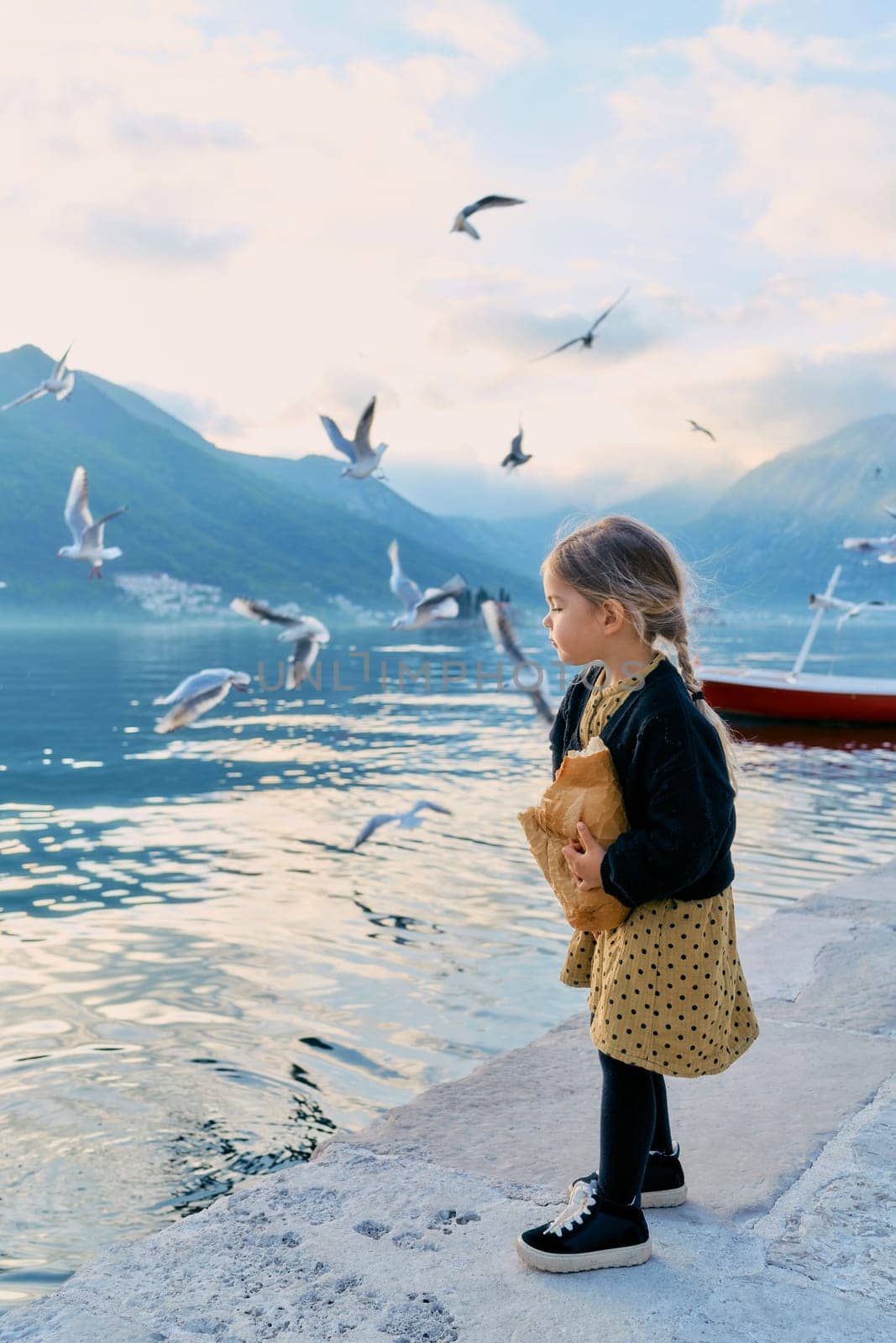Little girl with a loaf of bread stands on the pier and looks at the flying seagulls. High quality photo