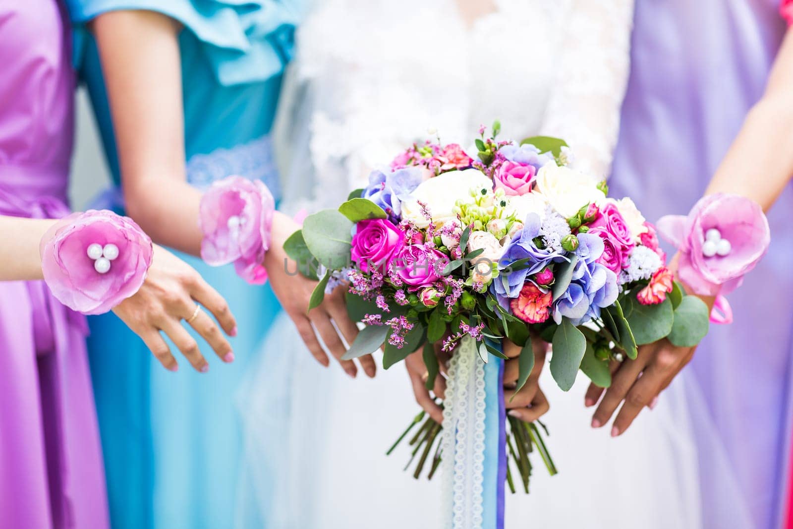 Close up of bride and bridesmaids bouquet.