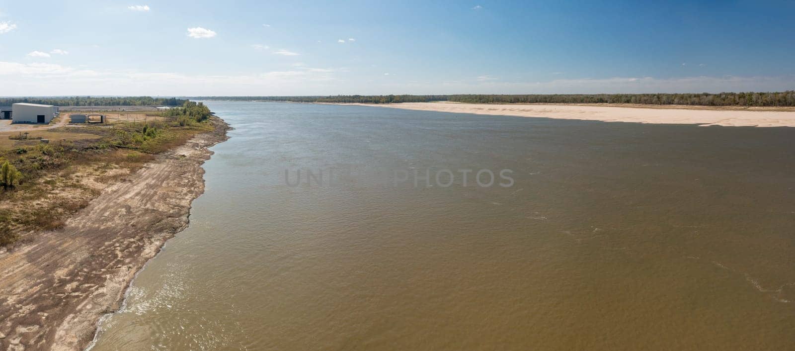 Extreme low water conditions on Mississippi river in October 2023 narrows river channel near Vicksburg MS