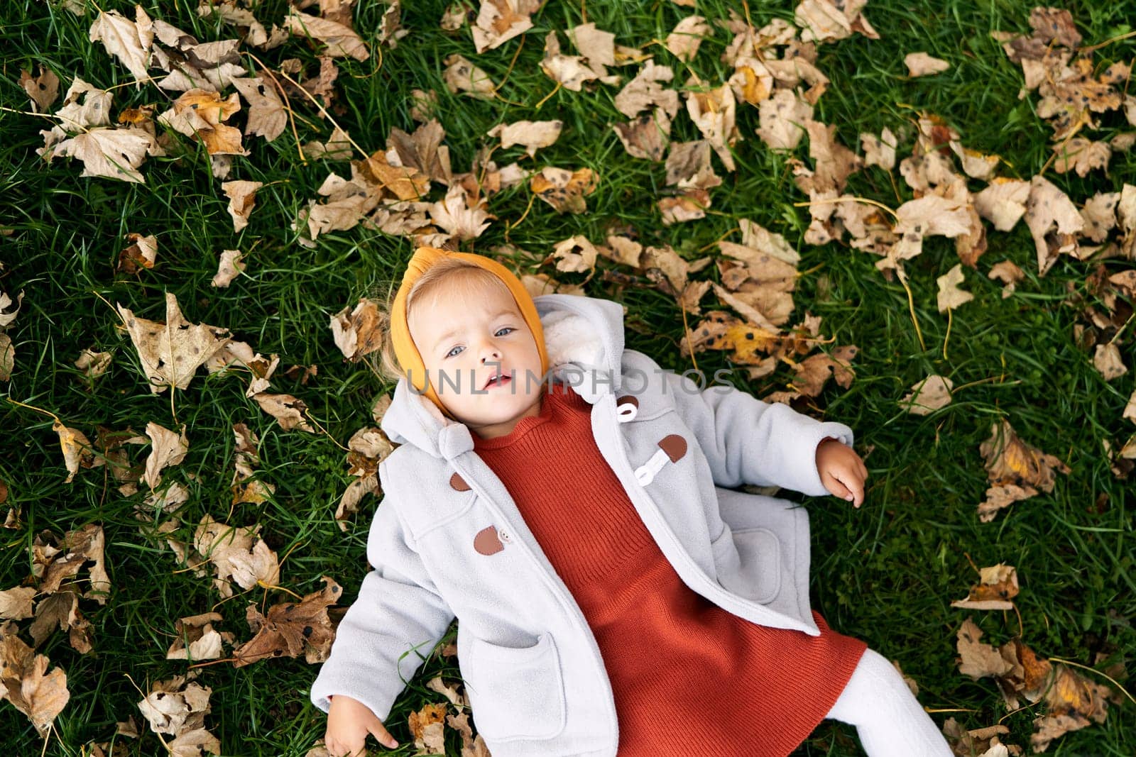 Little girl lies on the green grass among dry autumn leaves. Top view. High quality photo