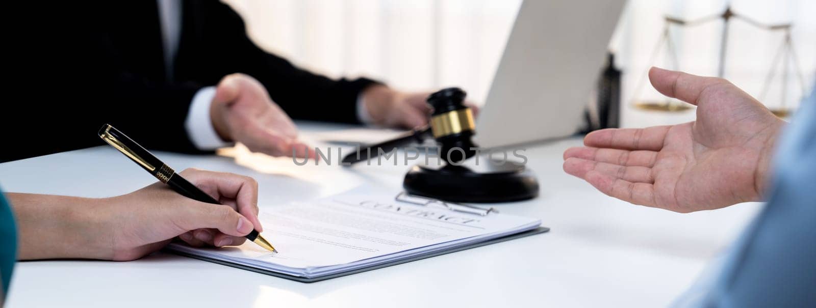 Couples file for divorcing and seek assistance from law firm to divide property after breakup. Obligations contract assist by lawyer in negotiating settlement agreement meeting. Panorama Rigid