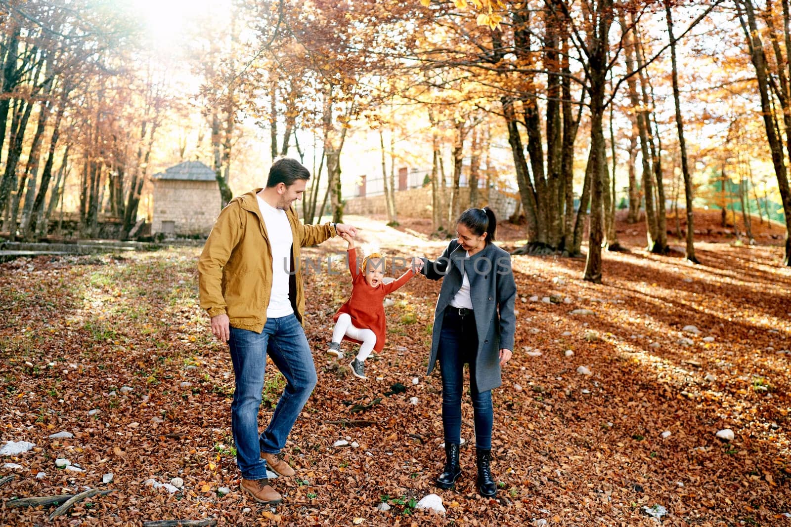 Mom and dad lift up a little girl with bent legs in the autumn forest. High quality photo