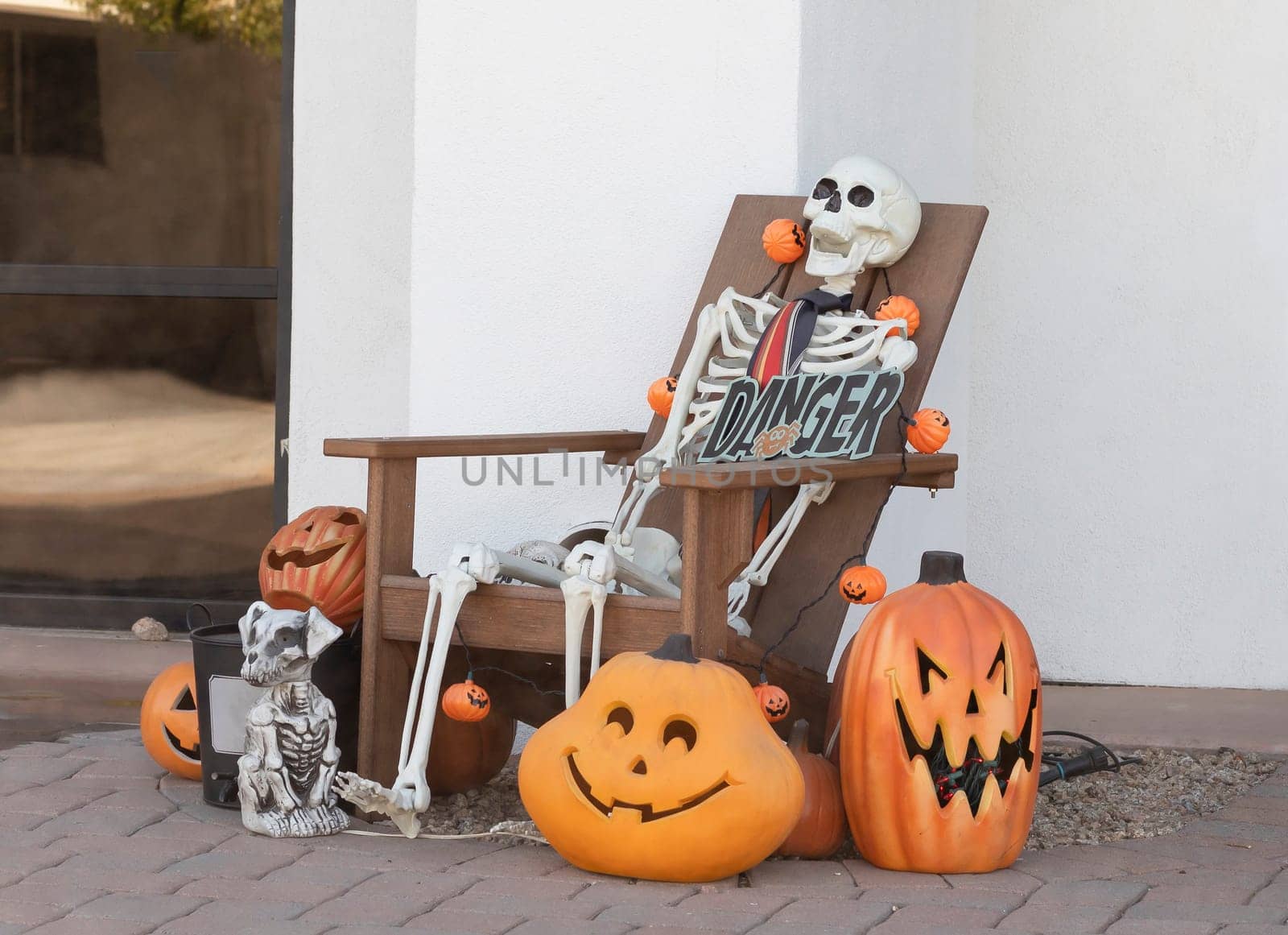 Skeleton In Chair, Pumpkins with Faces, Scary Dog And Skulls Are Traditional Attributes Of Halloween. Outdoor Decoration For Halloween Party. Horizontal Plane. High quality photo