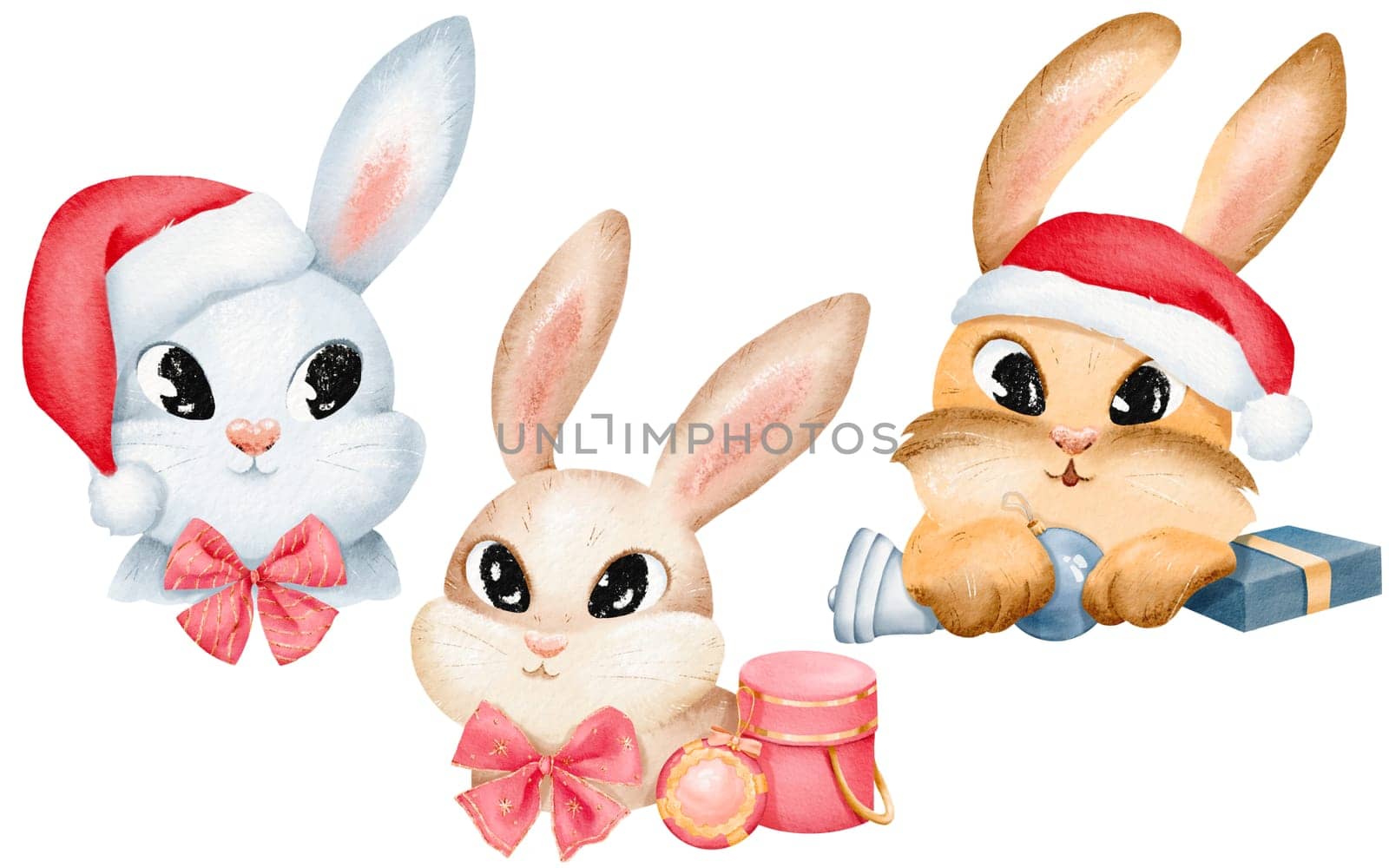 Charming rabbits exude holiday cheer with Santa hats Christmas ornaments and presents. bunny portraits are for stickers, cards, sets, and design elements. isolated watercolor digital illustration.