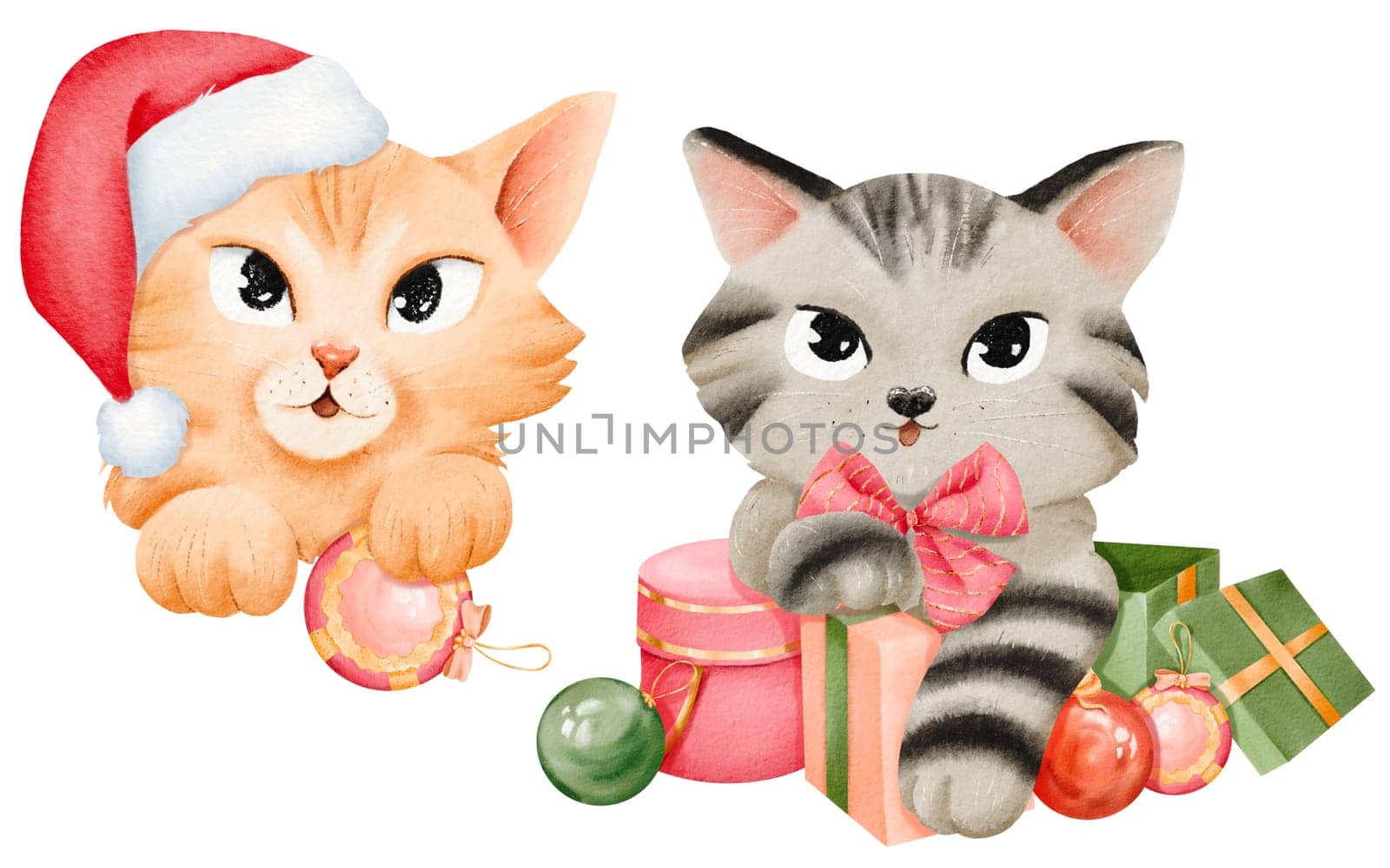 A set of adorable kittens in a festive mood. Santa hats, Christmas ornaments, and gifts. Cat portraits for stickers, cards, sets, design elements. Isolated watercolor digital illustrations by Art_Mari_Ka