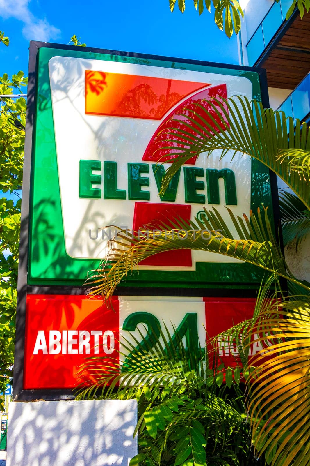 Playa del Carmen Quintana Roo Mexico 05. August 2023 7 Eleven shop store with entrance and logo in Playa del Carmen Quintana Roo Mexico.