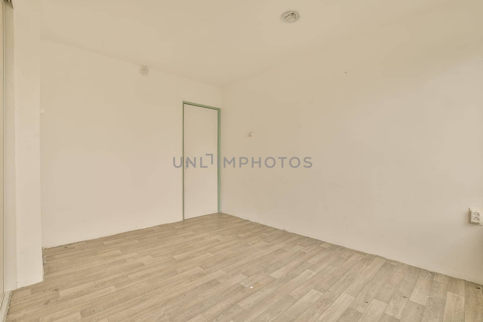an empty room with white walls and wood flooring on the right, there is a green door in the corner