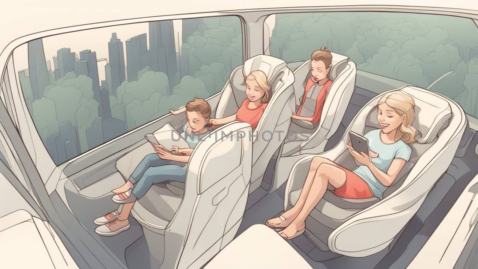 family travel in ev electric autonomous self driving car while play enjoy the ride by verbano