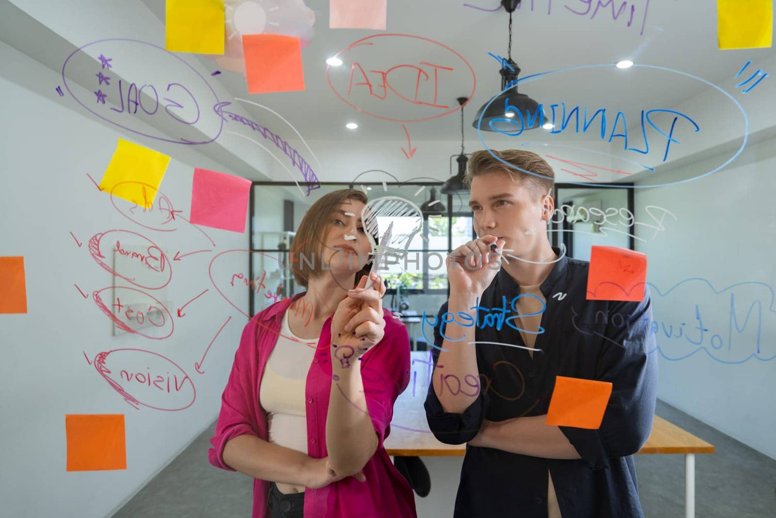 Couple of young creative start up business people brainstorming idea and solving problems by using sticky note and mind map at glass board, meeting room. discussing, working together. Immaculate.