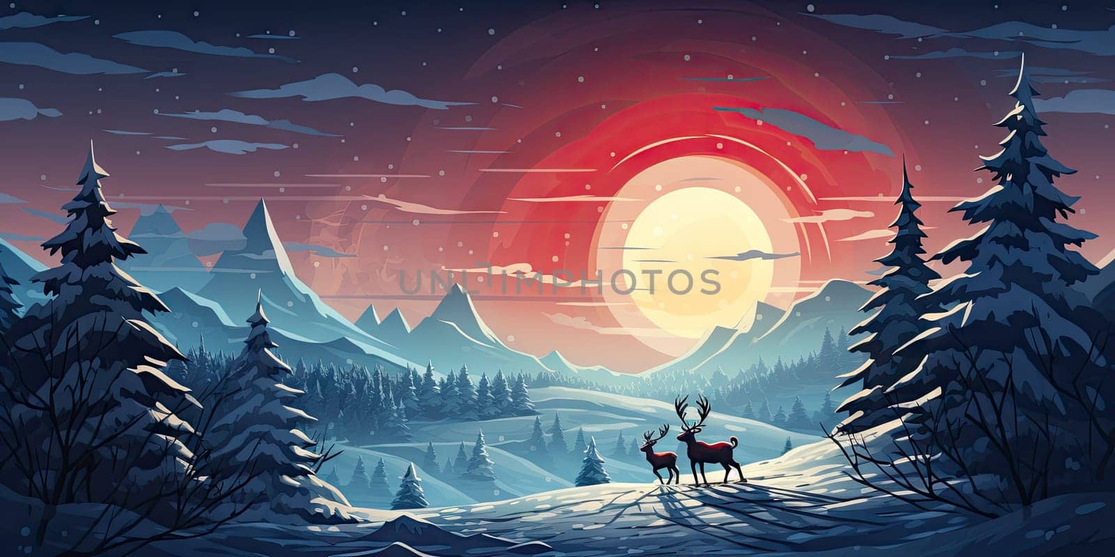 Santa Claus gifts in winter December christmas holiday santa claus sleigh The reindeer night is cold at night by Generative AI by wichayada