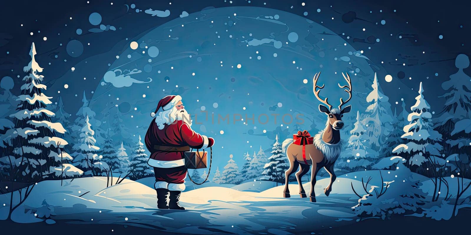 Santa Claus gifts in winter December christmas holiday santa claus sleigh The reindeer night is cold at night by Generative AI by wichayada