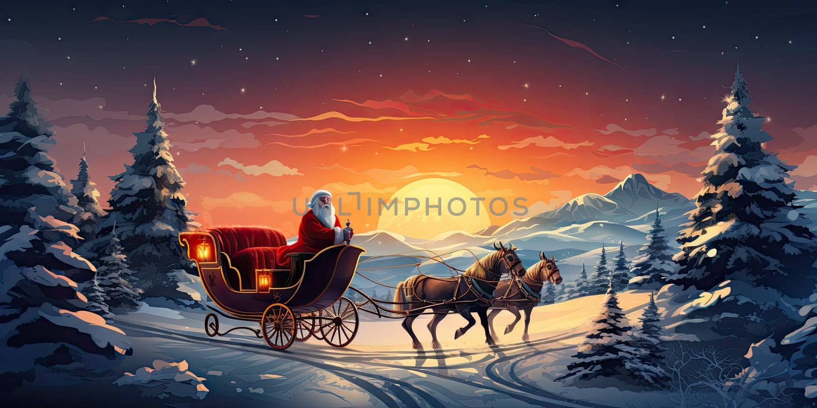 Santa Claus gifts in winter December christmas holiday santa claus sleigh The reindeer night is cold at night by Generative AI.