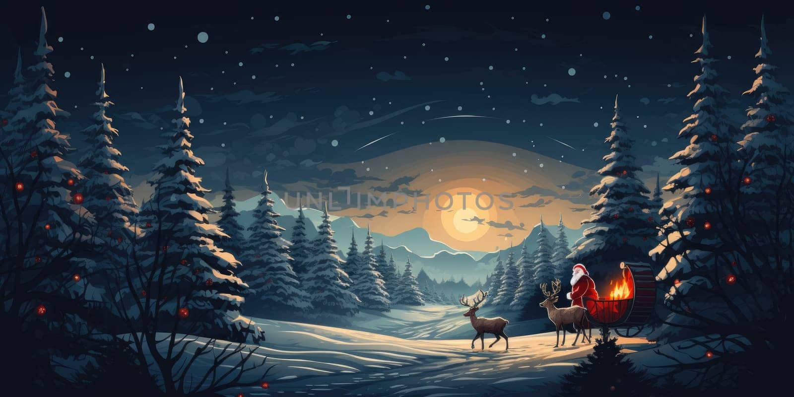 Santa Claus gifts in winter December christmas holiday santa claus sleigh The reindeer night is cold at night by Generative AI by wichayada