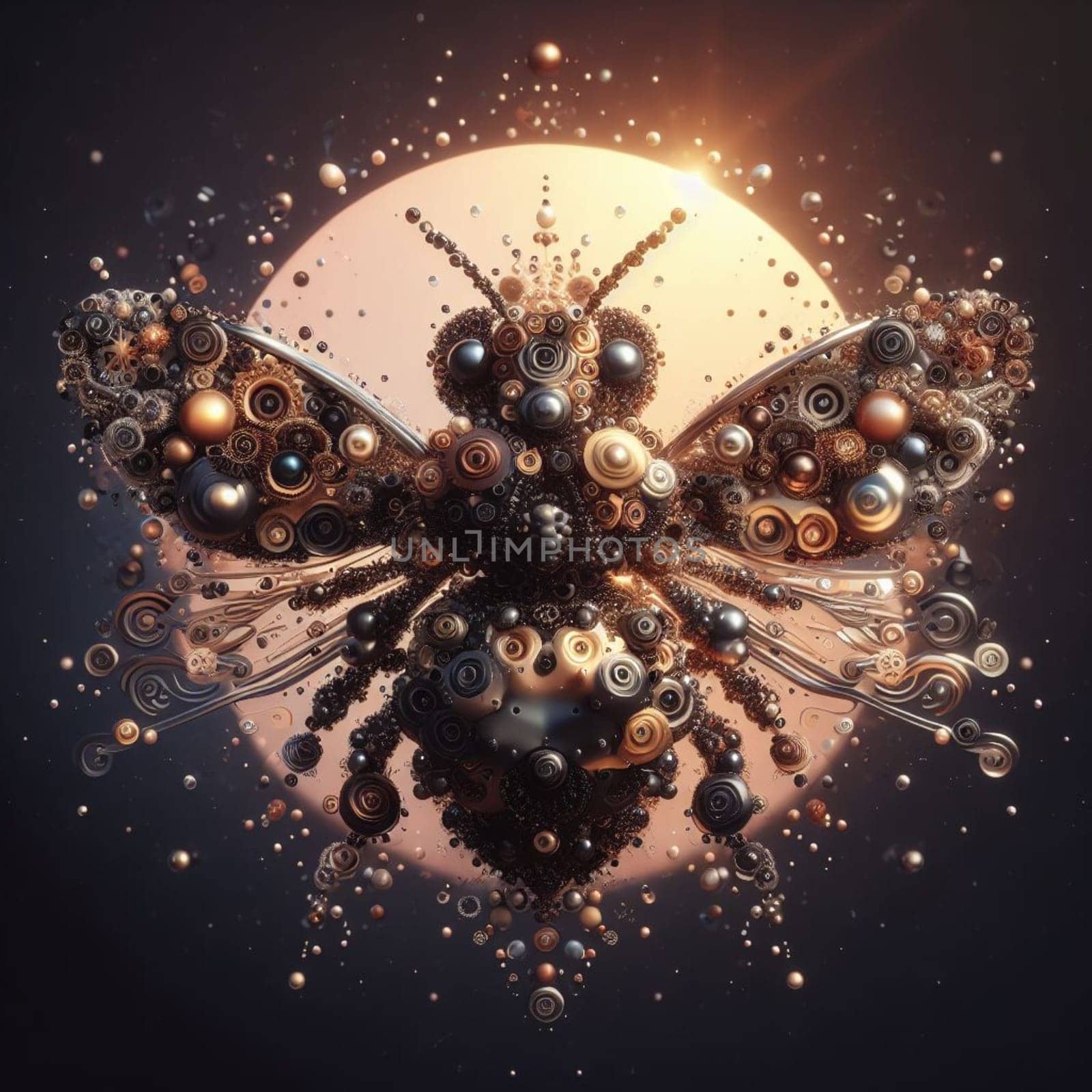 steampunk mechanical bee of the future isolated on gradient sunny background by verbano