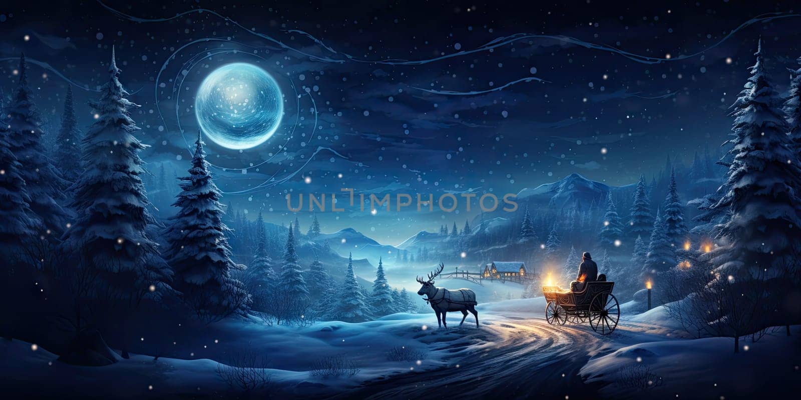 Santa Claus gifts in winter December christmas holiday santa claus sleigh The reindeer night is cold at night by Generative AI by wichayada