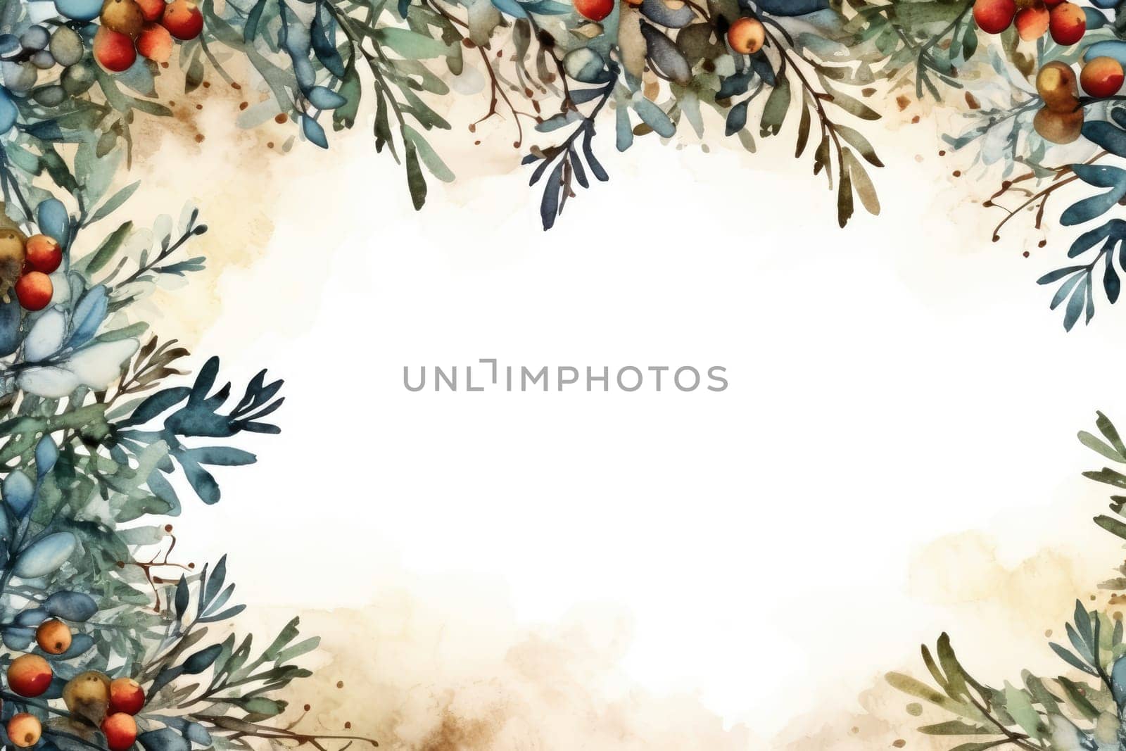 Mock up watercolor Christmas background with empty space for text by Generative AI by wichayada