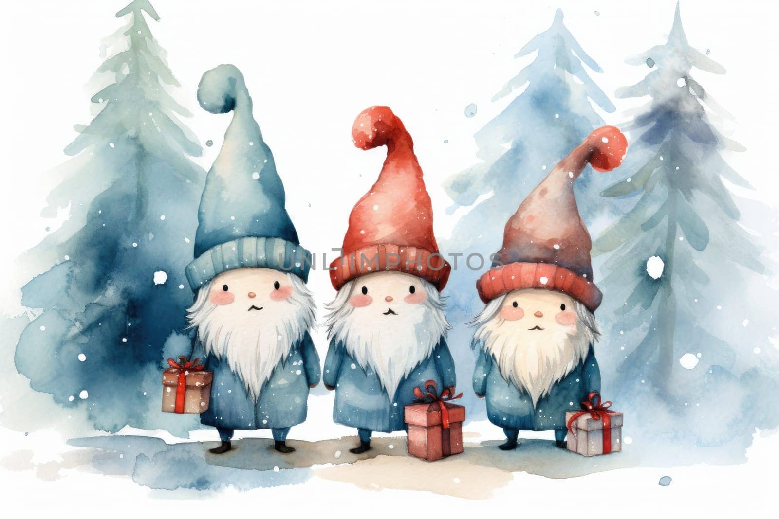 Adorable watercolor gnomes gather around the Christmas tree, exchanging gift in the cool Arctic atmosphere. Full color, textured knitted illustrations, suitable for nursery art by Generative AI.