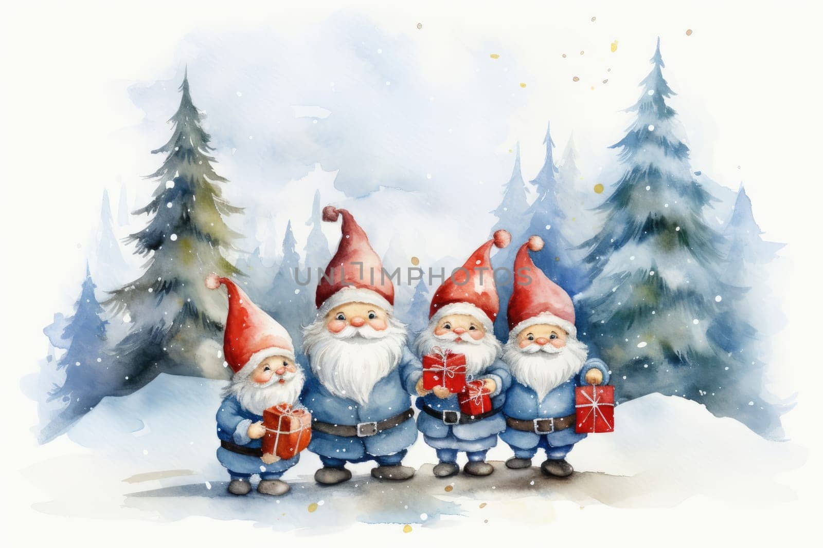 Adorable watercolor gnomes gather around the Christmas tree, exchanging gift in the cool Arctic atmosphere. Full color, textured knitted illustrations, suitable for nursery art by Generative AI.