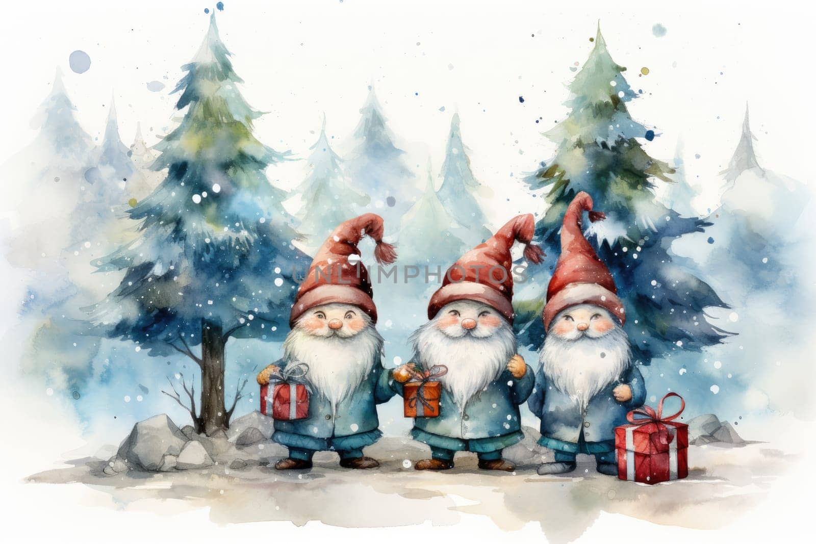 Adorable watercolor gnomes gather around the Christmas tree, exchanging gift in the cool Arctic atmosphere. Full color, textured knitted illustrations, suitable for nursery art by Generative AI.