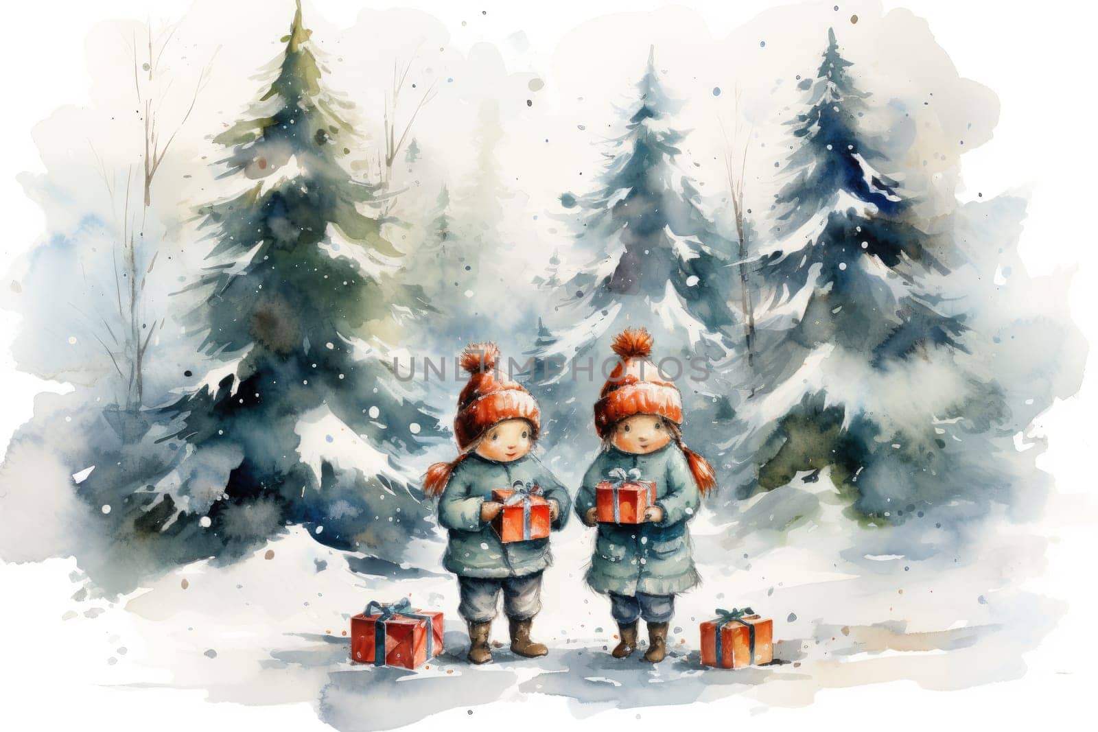 Adorable watercolor gnomes gather around the Christmas tree, exchanging gift in the cool Arctic atmosphere. Full color, textured knitted illustrations, suitable for nursery art by Generative AI.