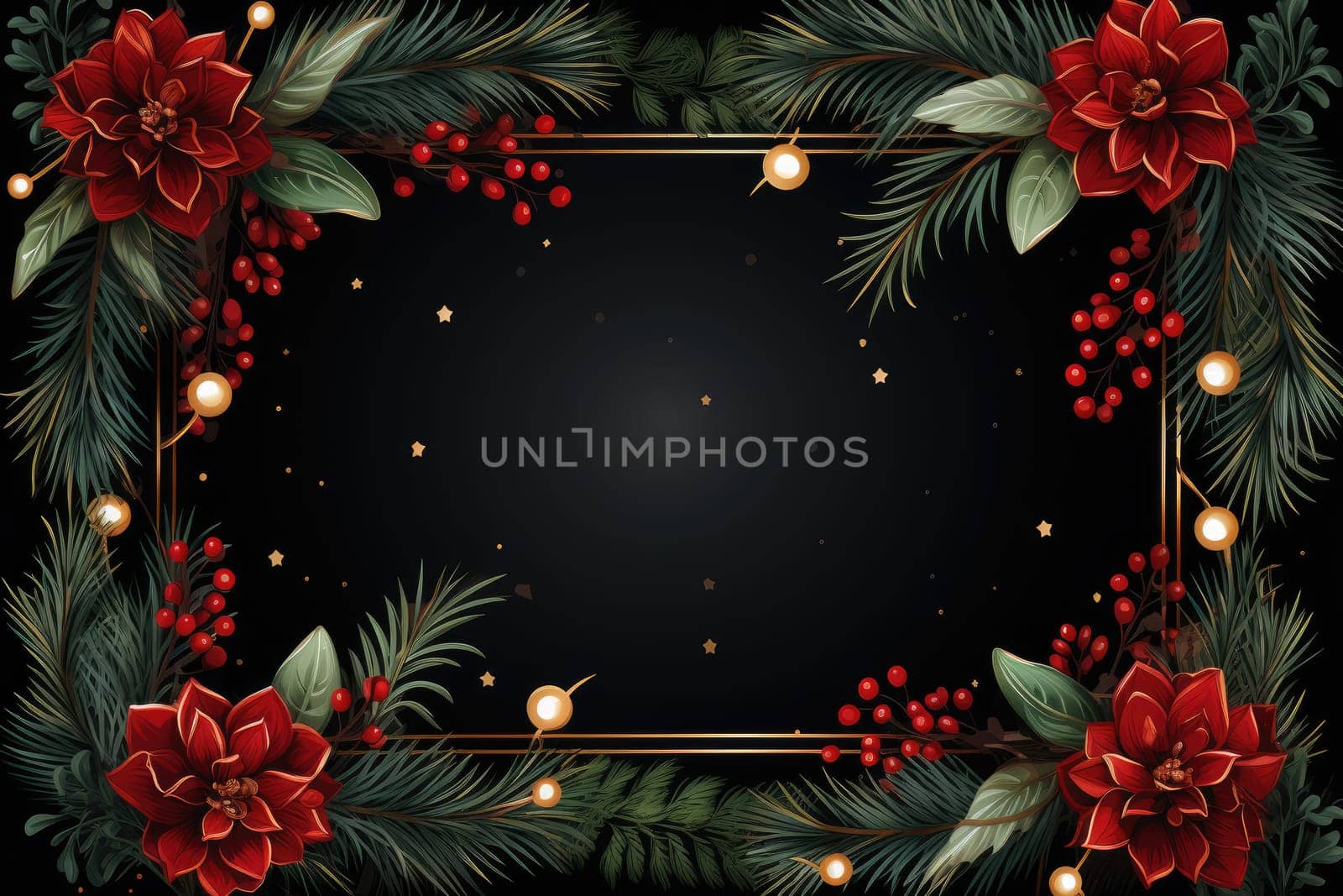 Frame for Christmas party invitations, rectangle, retro winter theme, Christmas leaves, felt blanket, fairy lights, cozy atmosphere, Christmas tree and incandescent Christmas lights by Generative AI.