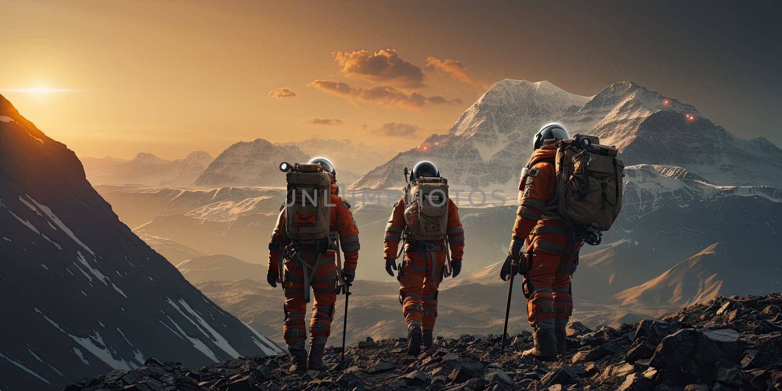 Astronauts in futuristic space suits are exploring the surface of Mars in order to live on Mars in the future by Generative AI.