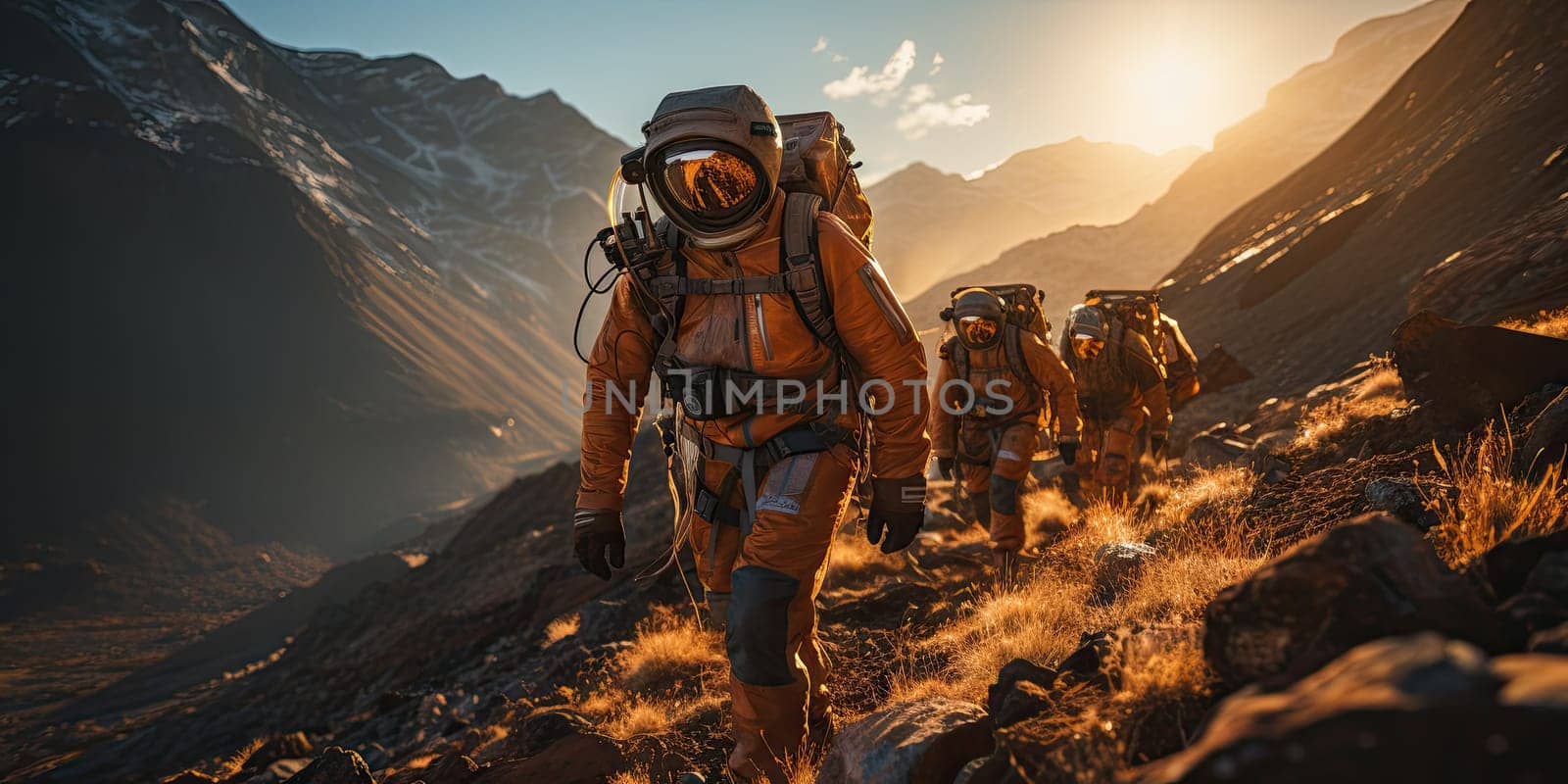 Astronauts in futuristic space suits are exploring the surface of Mars in order to live on Mars in the future by Generative AI.