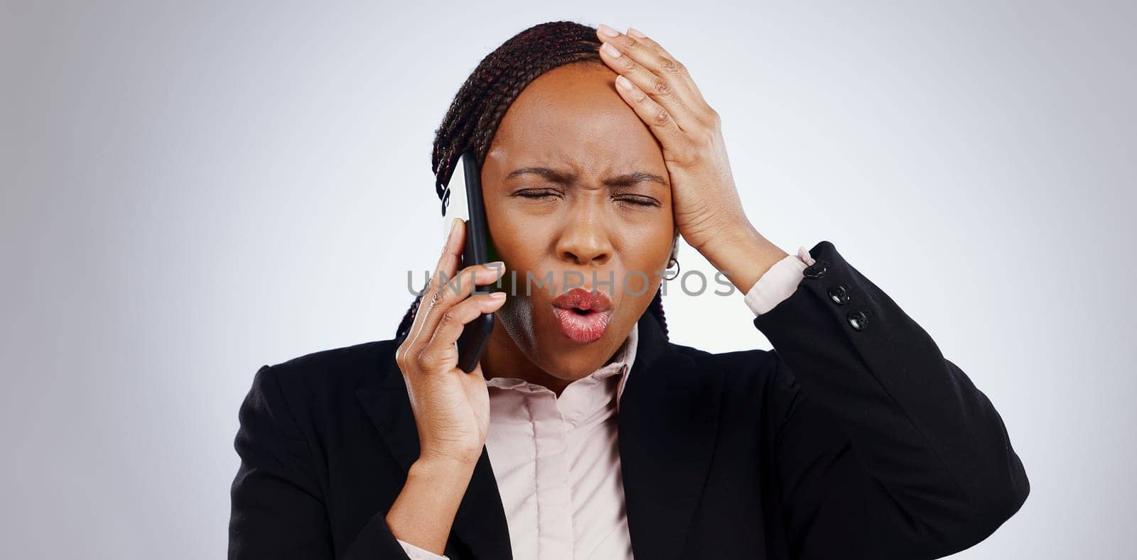 Phone, business woman and angry from scam conversation and anxiety from problem and fail. Studio, white background and frustrated female person with spam communication and identity theft mistake.