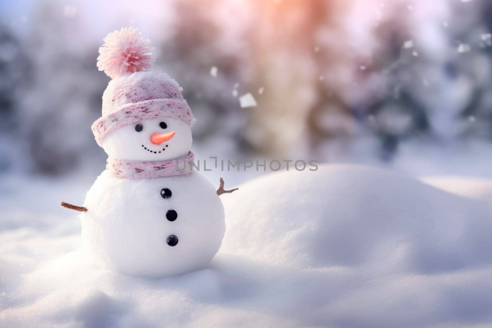 A snowman standing on the background of a winter landscape by Spirina