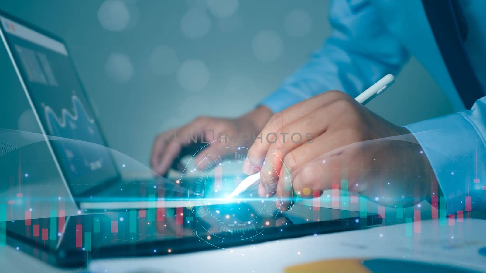 Stock market, Business growth, progress or success concept. Businessman or trader is showing a growing virtual hologram stock, invest in trading. by Unimages2527