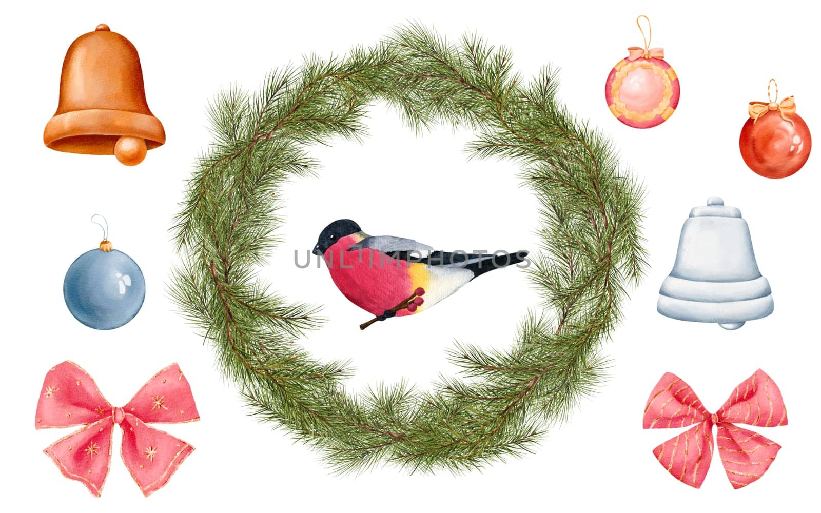 Christmas set. a red-breasted robin, a holiday wreath, Christmas baubles, silver and golden bells. Isolated watercolor digital illustrations, perfect for stickers, packaging, cards, and invitations.
