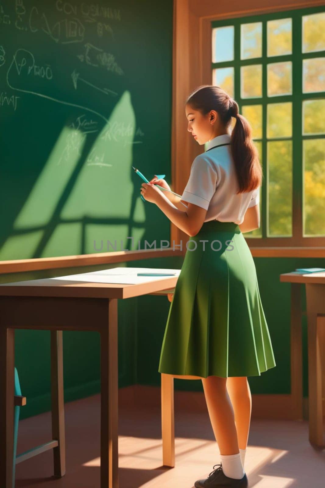 students and pupil in lesson at school in a classroom, bright dayligh, in uniform illustration generative ai art