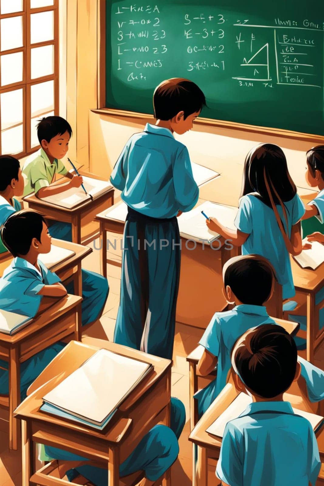 students and pupil in lesson at school in a classroom, bright dayligh, in uniform illustration by verbano