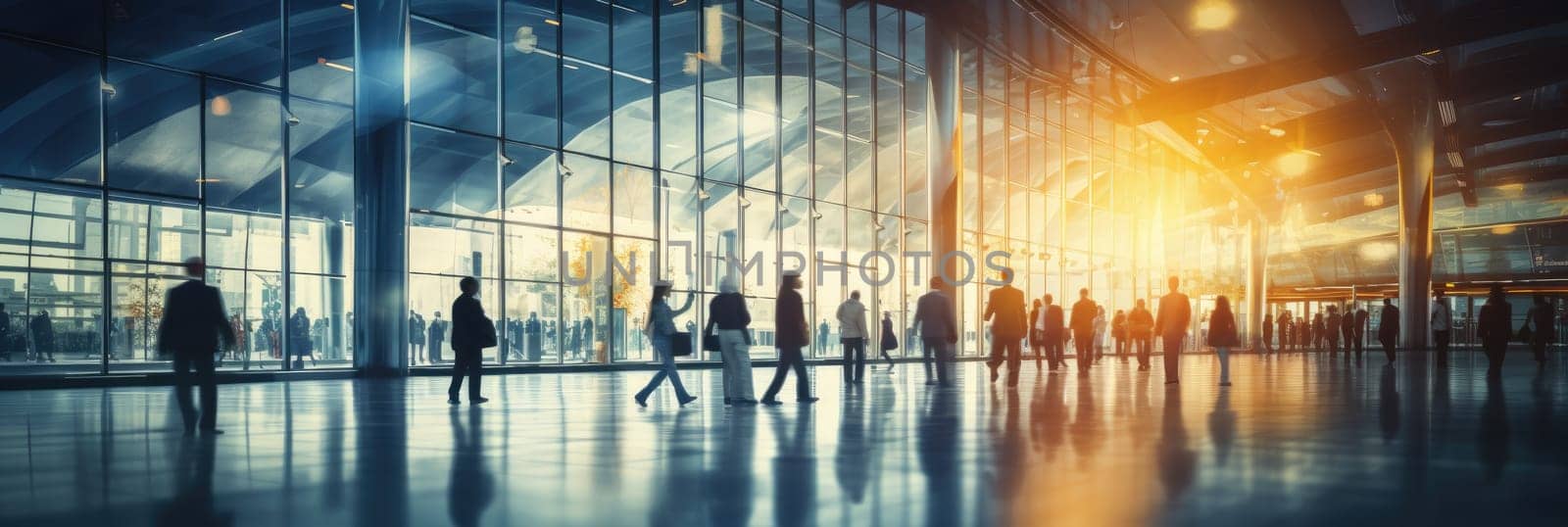 Blurry businessman Walking in the shopping center or atrium. Banner by Generative AI.