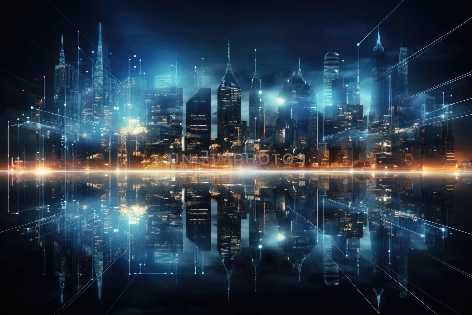 Abstract night city background Smart cities, AI and digital transformation concepts embrace the world of the future by Generative AI.