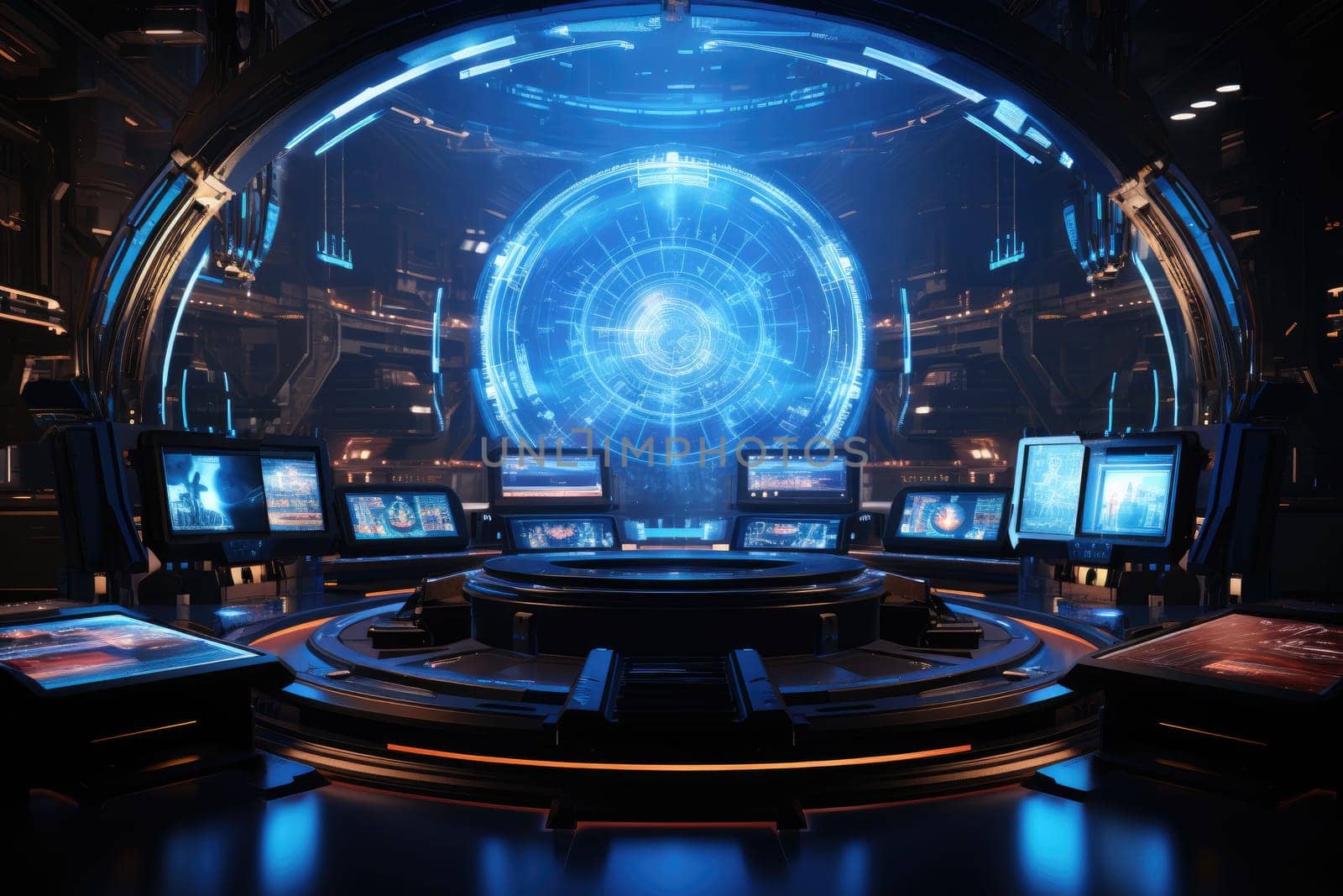 Futuristic technology background with a digital HUD interface, showcasing virtual computer screens and cyber communication holograms in a VR cyberspace by Generative AI.