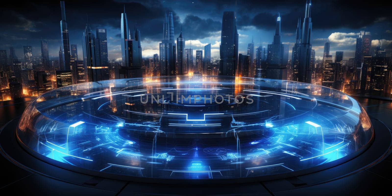 Futuristic technology background with a digital HUD interface, showcasing virtual computer screens and cyber communication holograms in a VR cyberspace by Generative AI.