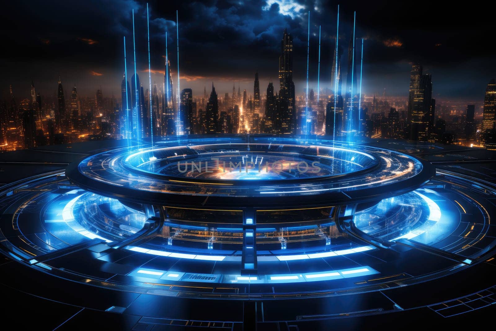 Futuristic technology background with a digital HUD interface, showcasing virtual computer screens and cyber communication holograms in a VR cyberspace by Generative AI.