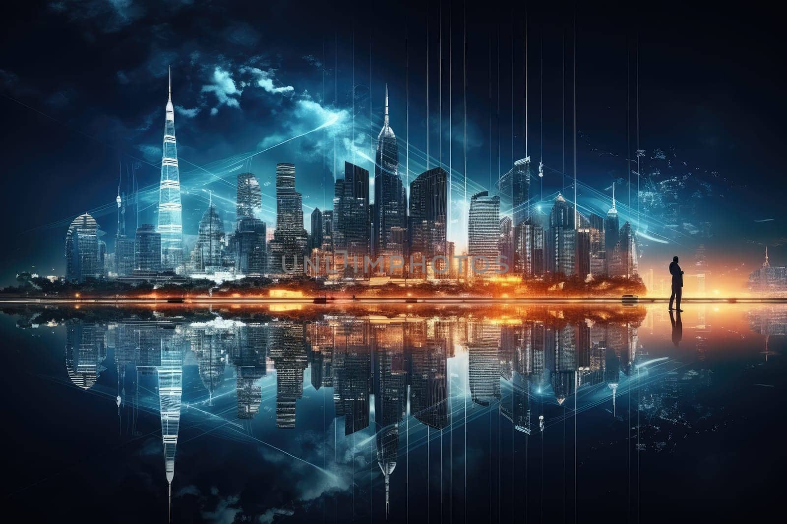 Abstract night city background Smart cities, AI and digital transformation concepts embrace the world of the future by Generative AI.