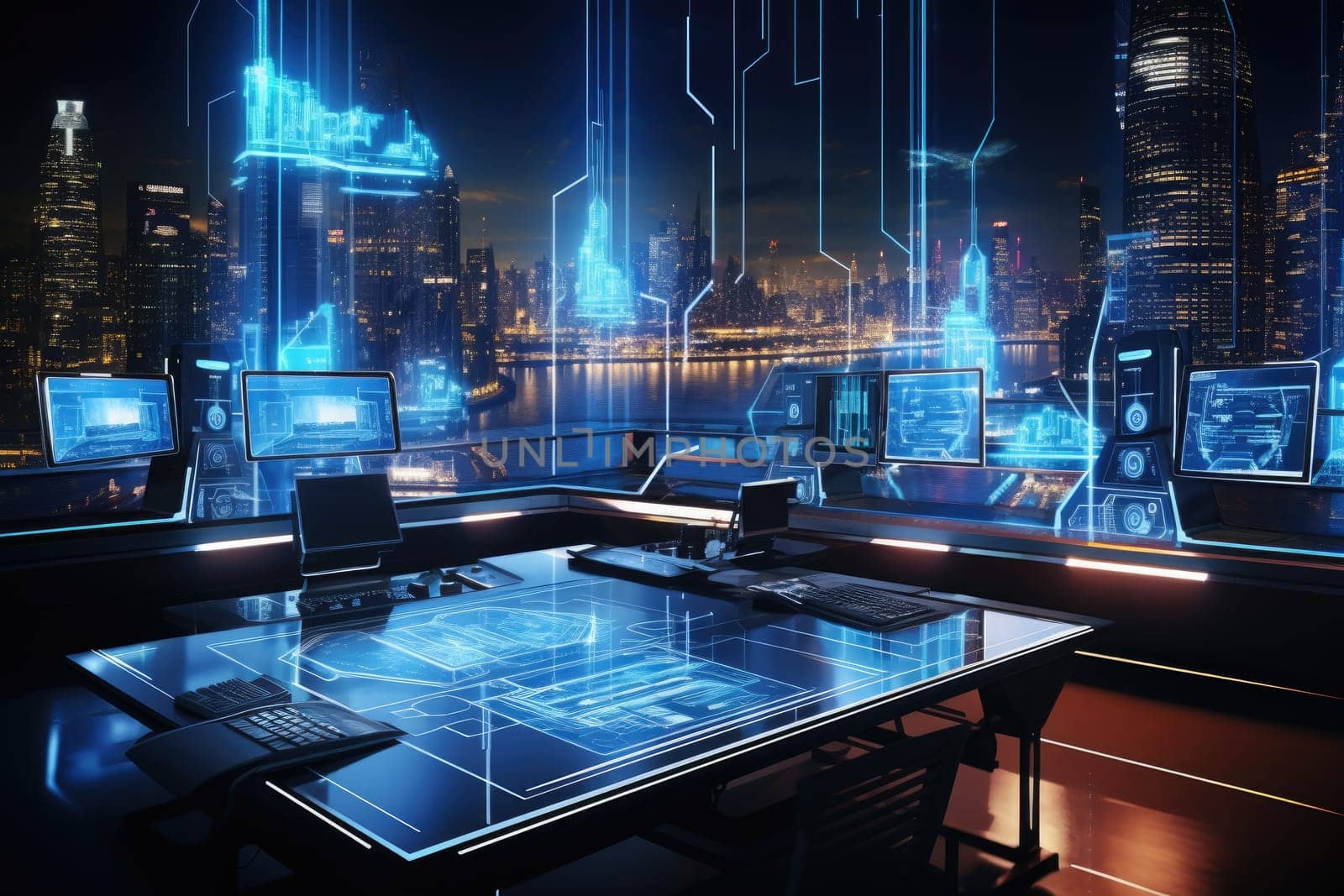 Futuristic technology background with a digital HUD interface, showcasing virtual computer screens and cyber communication holograms in a VR cyberspace by Generative AI.