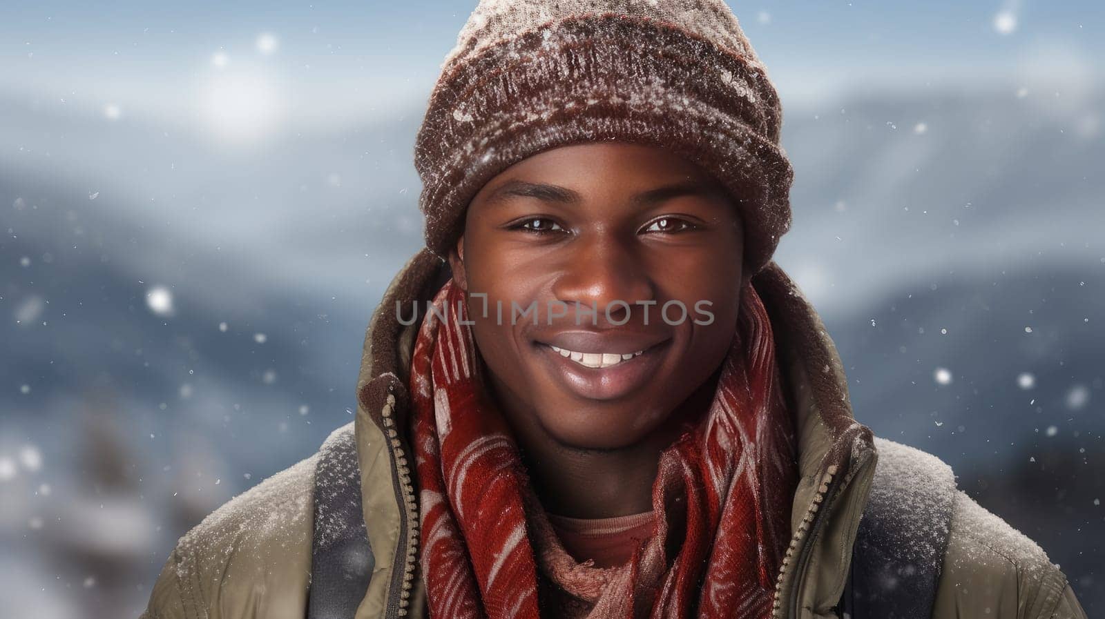 Portrait of a young handsome smiling African-American guy in a jacket against the backdrop of a winter, snowy landscape. Concept of traveling around the world, recreation, winter sports, vacations, tourism in the mountains and unusual places.