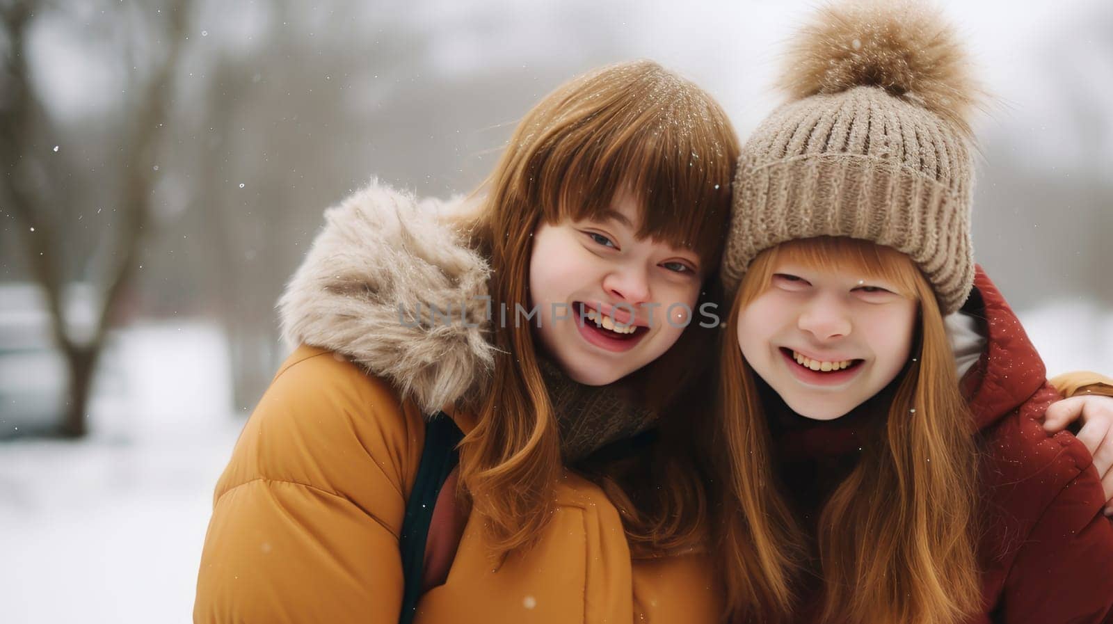 Portrait of Young, beautiful, smiling and happy girls friends with Down syndrome in jackets against the backdrop of a winter, snowy landscape. Concept of traveling around the world, recreation, vacations, tourism in unusual places.