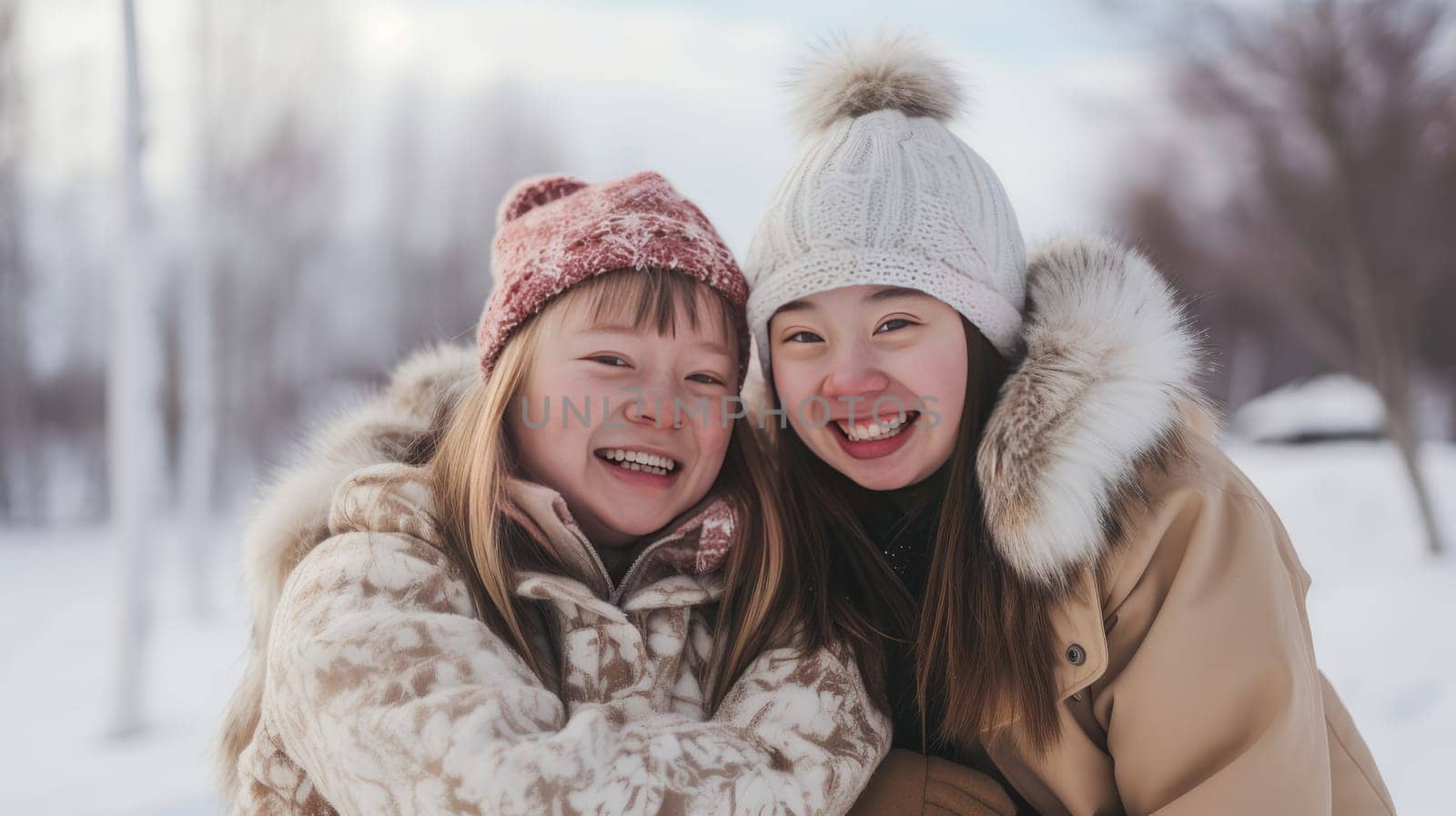 Portrait of Young, beautiful, smiling and happy girls friends with Down syndrome in jackets against the backdrop of a winter, snowy landscape. Concept of traveling around the world, recreation, vacations, tourism in unusual places.