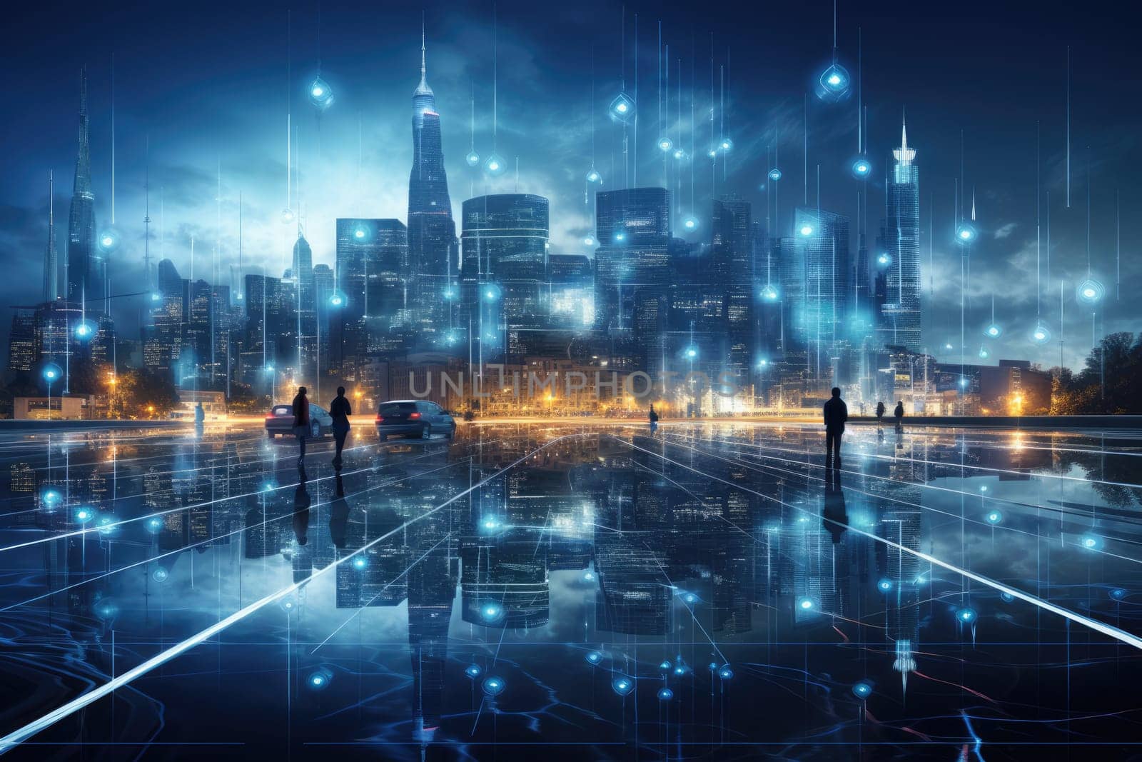 Abstract night city background Smart cities, AI and digital transformation concepts embrace the world of the future by Generative AI.